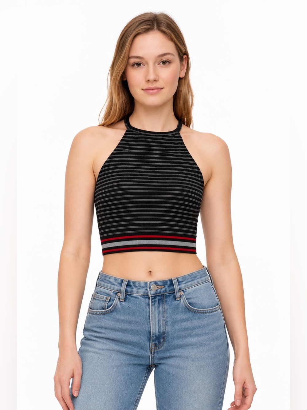 Dynamite Halter Cropped Black Striped Tank Top